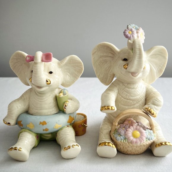 Vintage Lenox Collections 2 Elephant Figurines Sweet Spring & Summer Fun - Picture 1 of 9